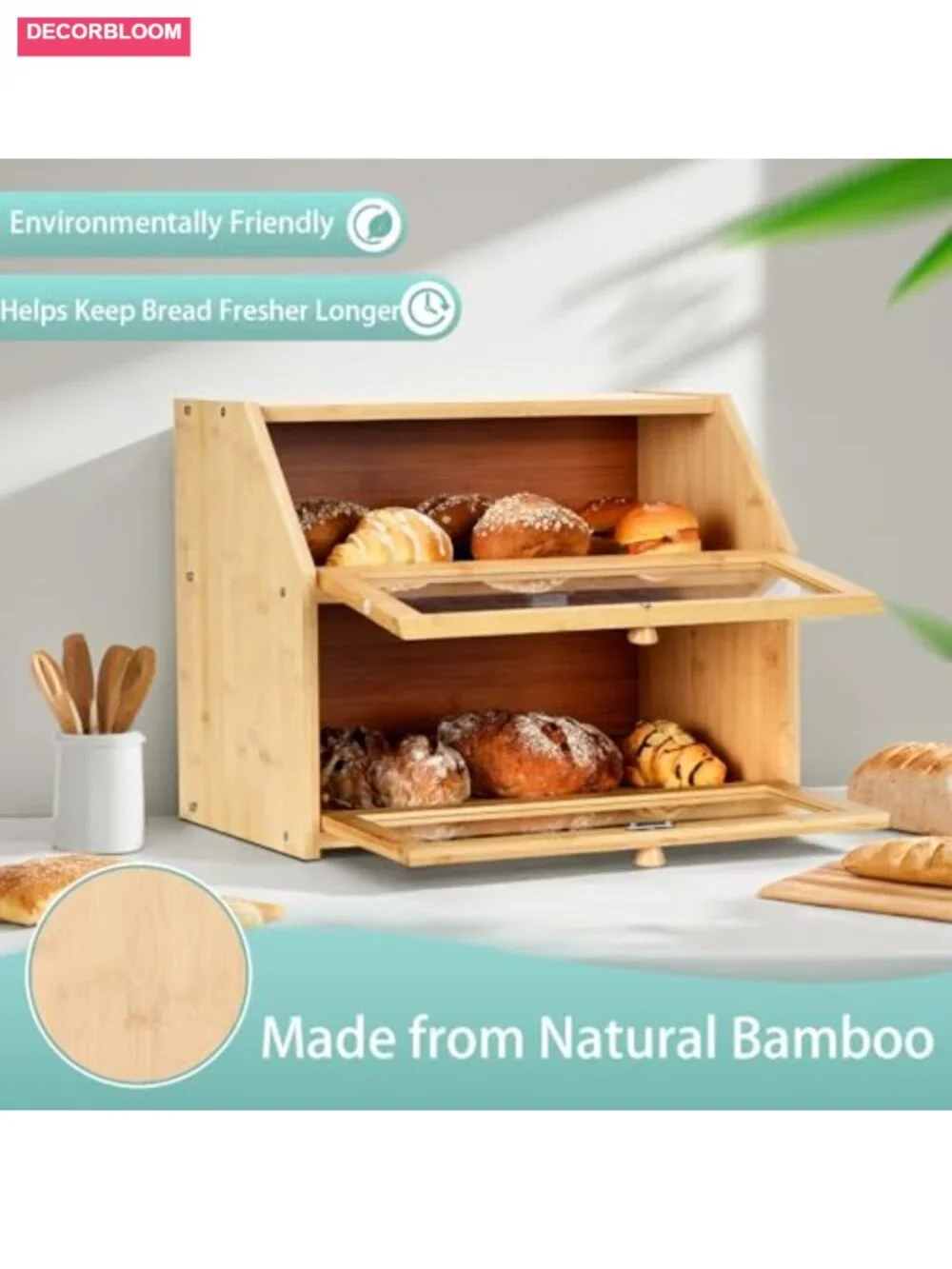 Large Double Layer Bamboo Bread Box with Clear Door, Includes Bags & Labels